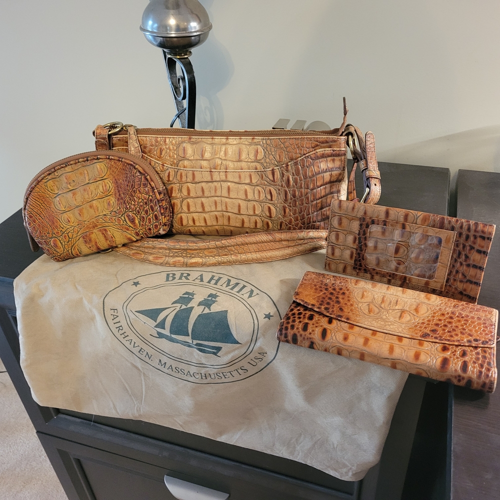 Brahmin Toasted Almond - Croc Embossed Tan Leather Bag and Wallet Set - Vintage!